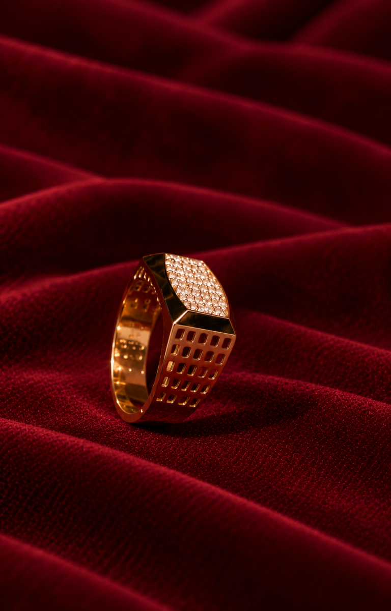 diamond gold ring on burgundy velvet