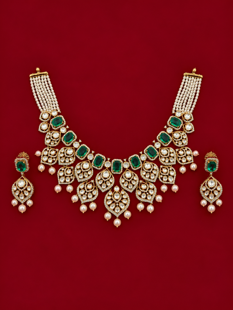 emerald and pearl bridal jewellery set