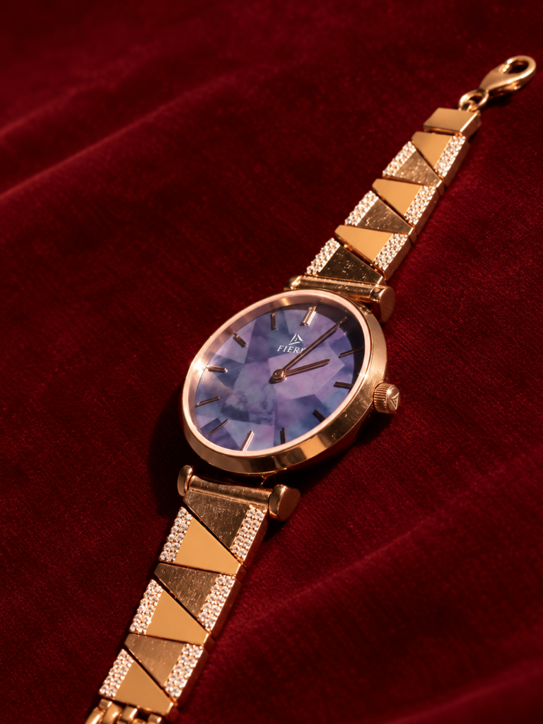 fiery rose gold watch on velvet
