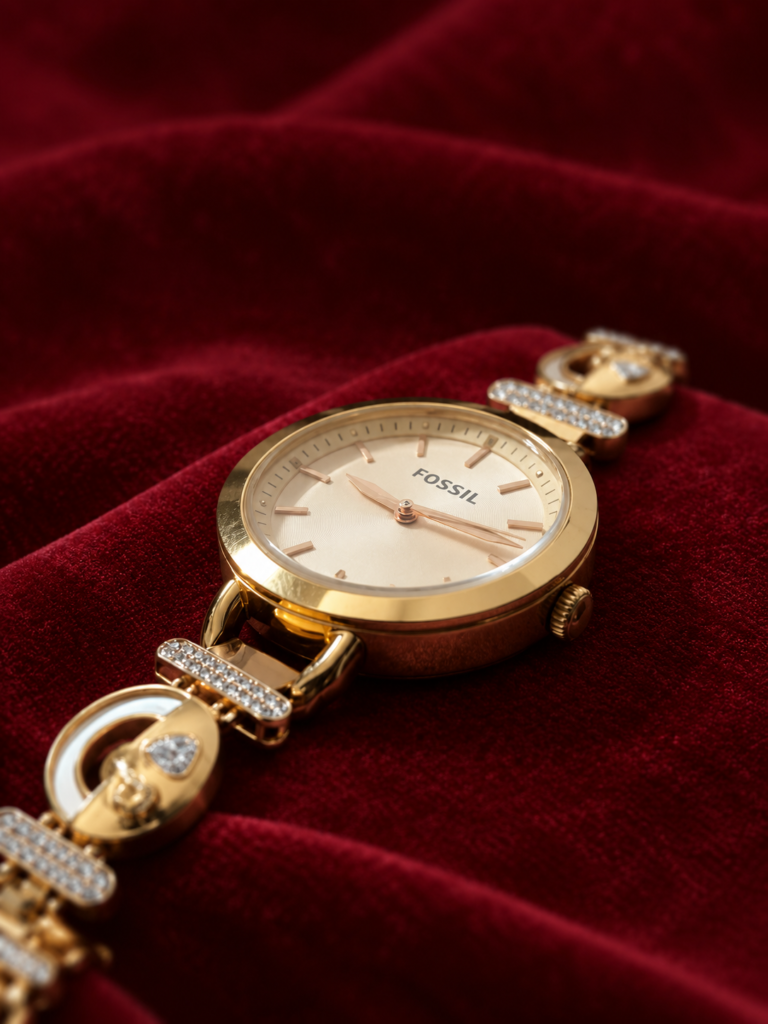 fossil watch on burgundy velvet