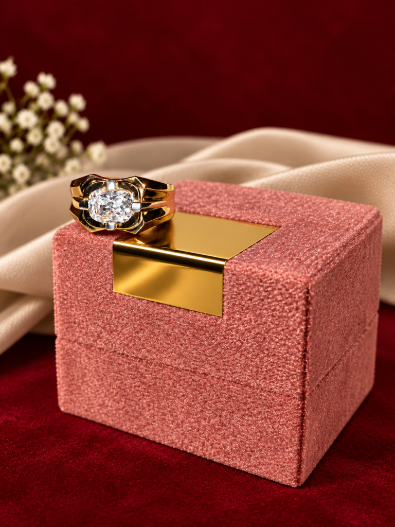 gold ring on velvet gift box