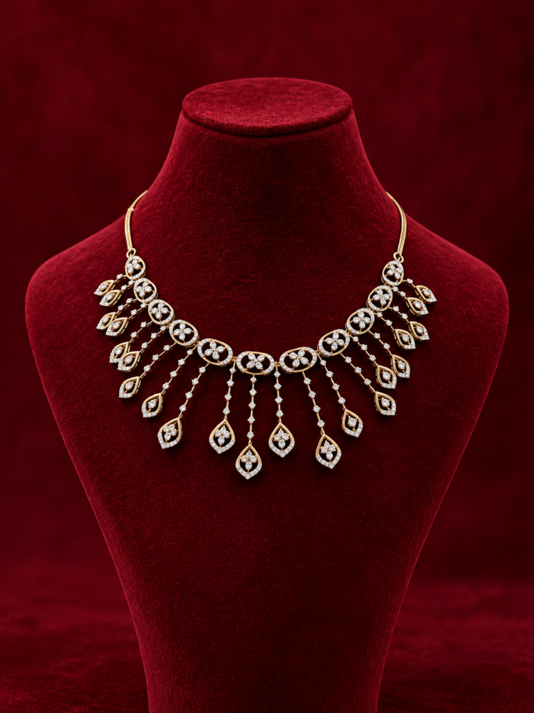 luxurious diamond fringe necklace on burgundy velvet