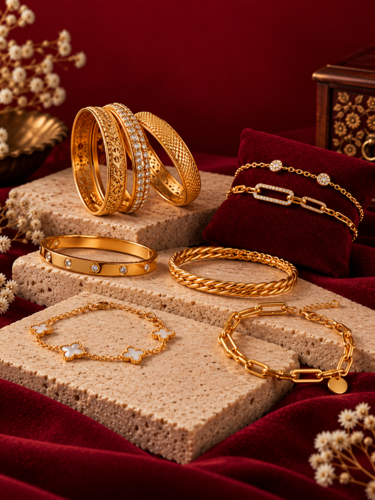 luxurious gold jewellery on burgundy velvet