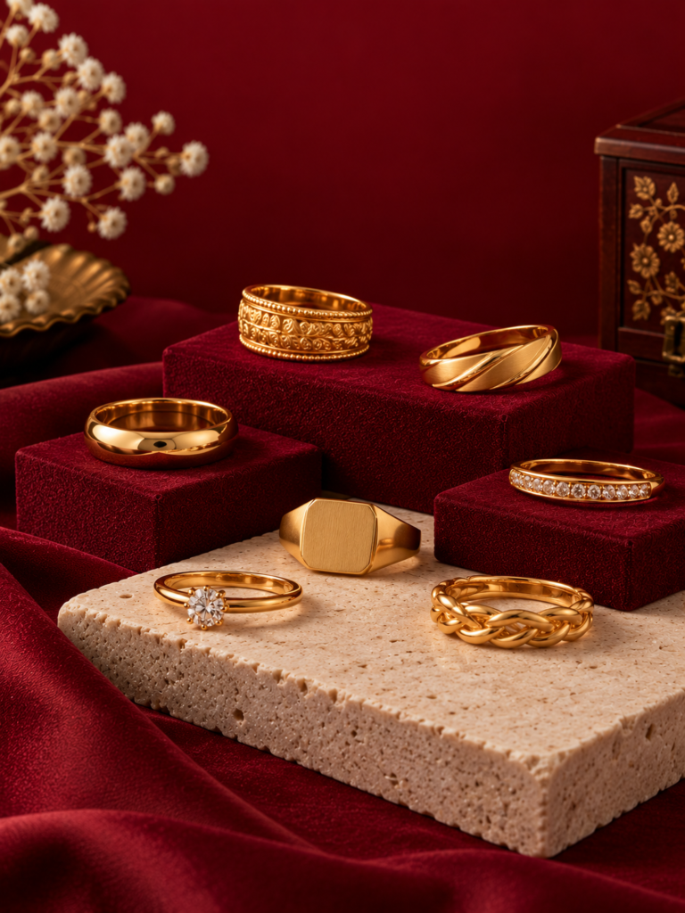 luxurious gold rings on burgundy velvet