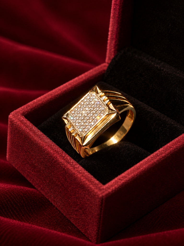luxury gold diamond ring in burgundy velvet box