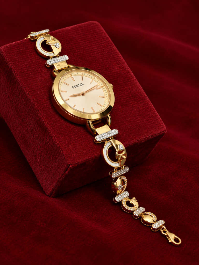 luxury gold fossil watch on burgundy velvet