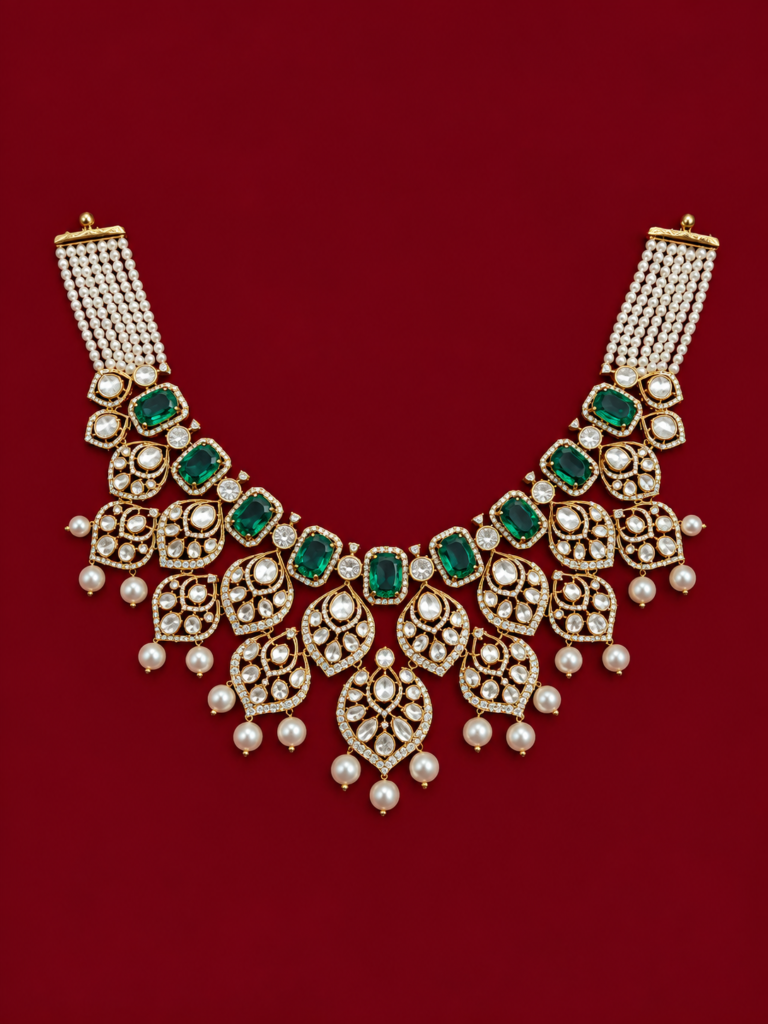 ornate emerald and pearl bridal necklace