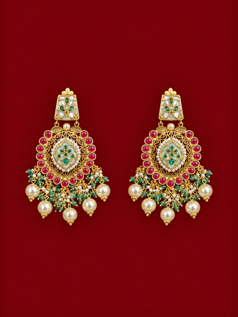 ornate gold chandbali earrings on maroon