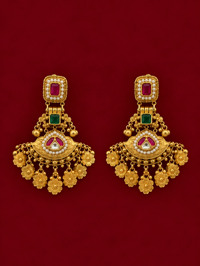 ornate gold earrings on maroon