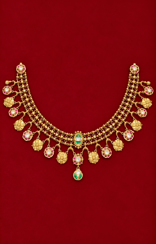 ornate gold indian choker on burgundy velvet (1)