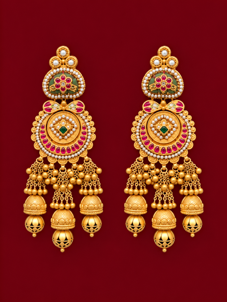 ornate gold jhumka earrings on burgundy (6)