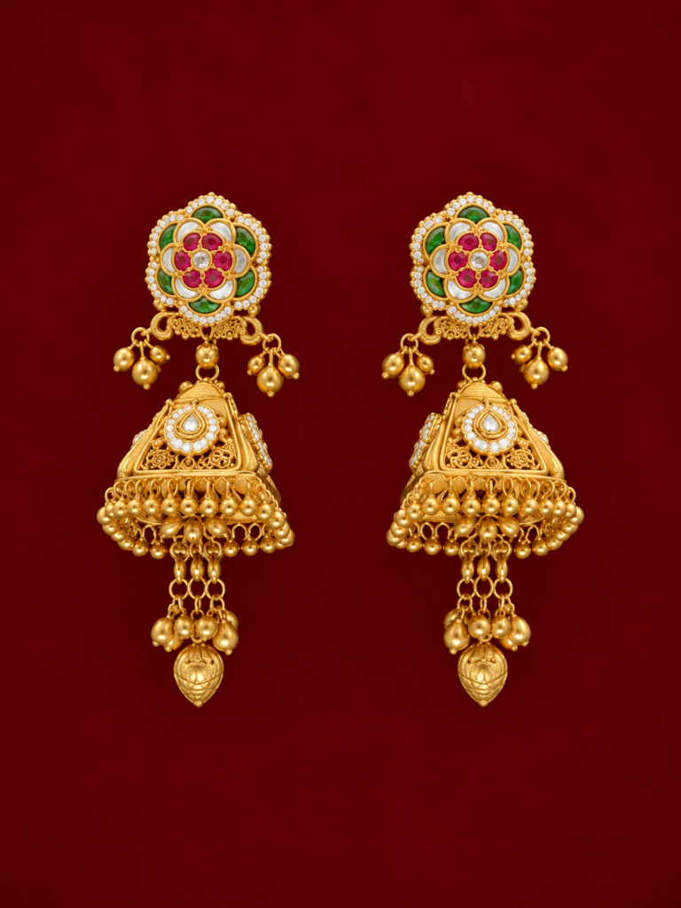 ornate gold jhumka earrings on burgundy (7)