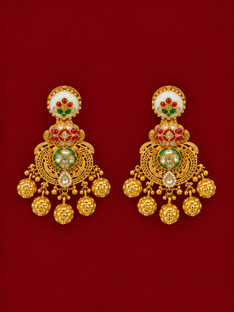 ornate gold jhumka earrings on burgundy (8)