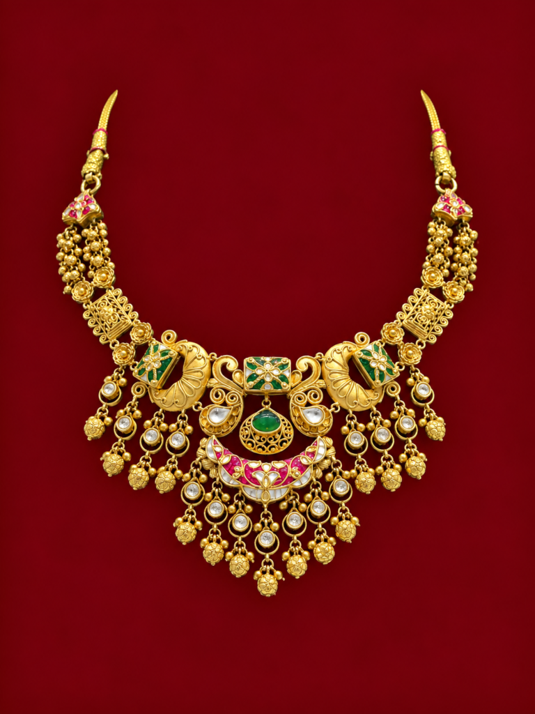 ornate gold kundan necklace on burgundy