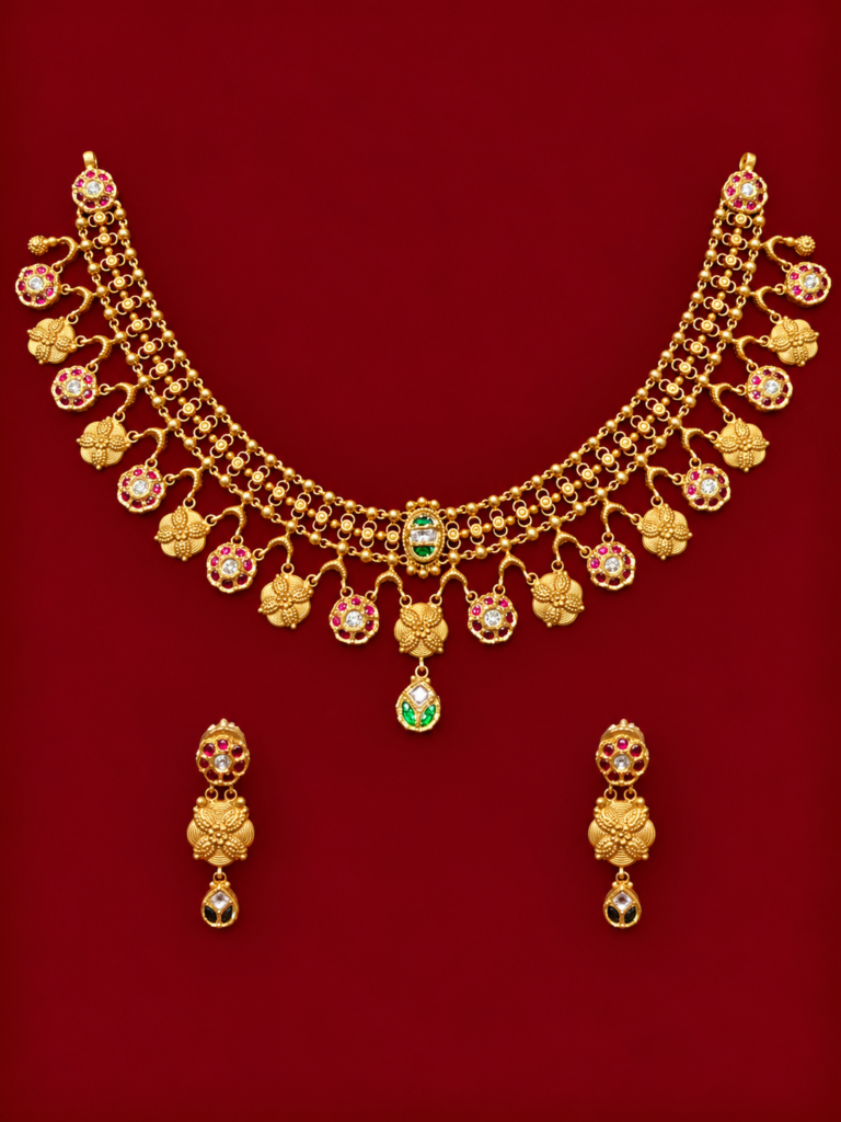 ornate gold necklace and earrings set (2)