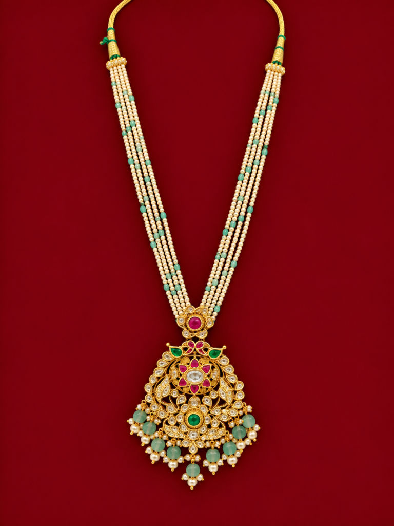 ornate gold pearl necklace on burgundy