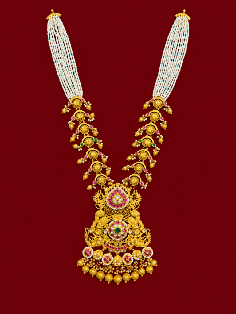 ornate gold temple necklace on burgundy (1)