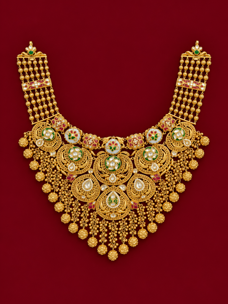 ornate gold temple necklace on burgundy
