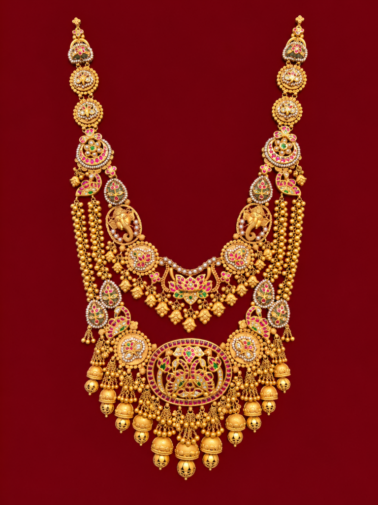 ornate temple gold necklace on burgundy