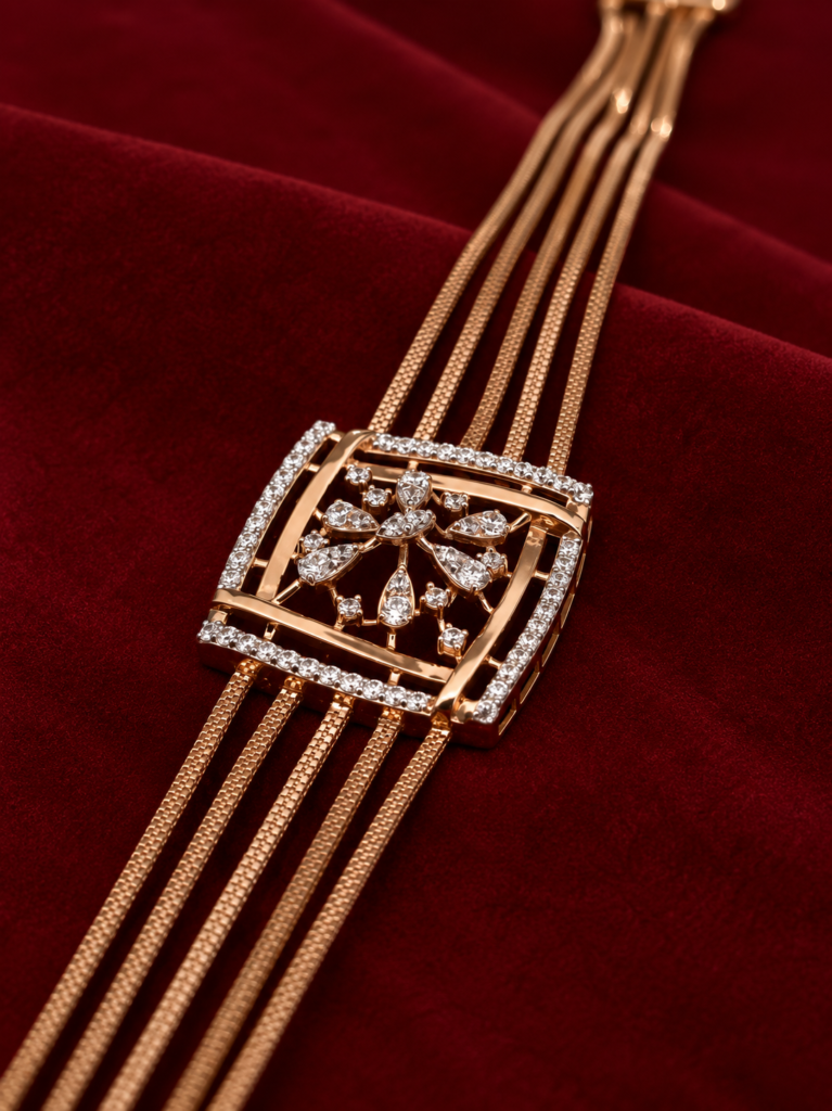 rose gold floral lattice pendant on burgundy velvet
