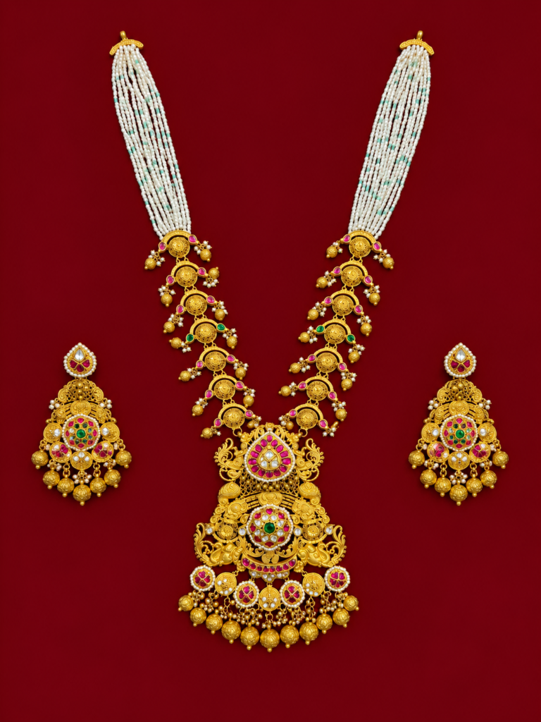 temple gold necklace set on burgundy