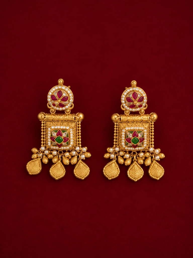 traditional gold and ruby dangle earrings