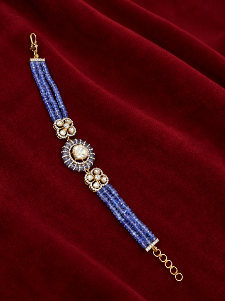violet beaded bracelet on burgundy velvet